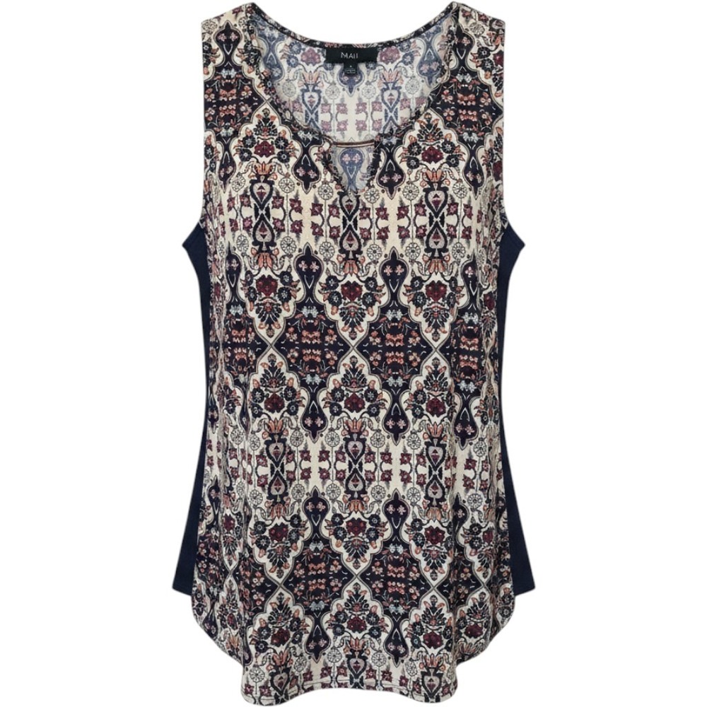 NAÏF‎ Womens Blue Cream Damask Floral Boho Tank Top Gold Bar V-Neck Size M